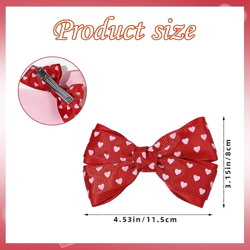 Valentine's Day Red Heart Hair Bow Clips 2 Pack Grosgrain Ribbon Barrette