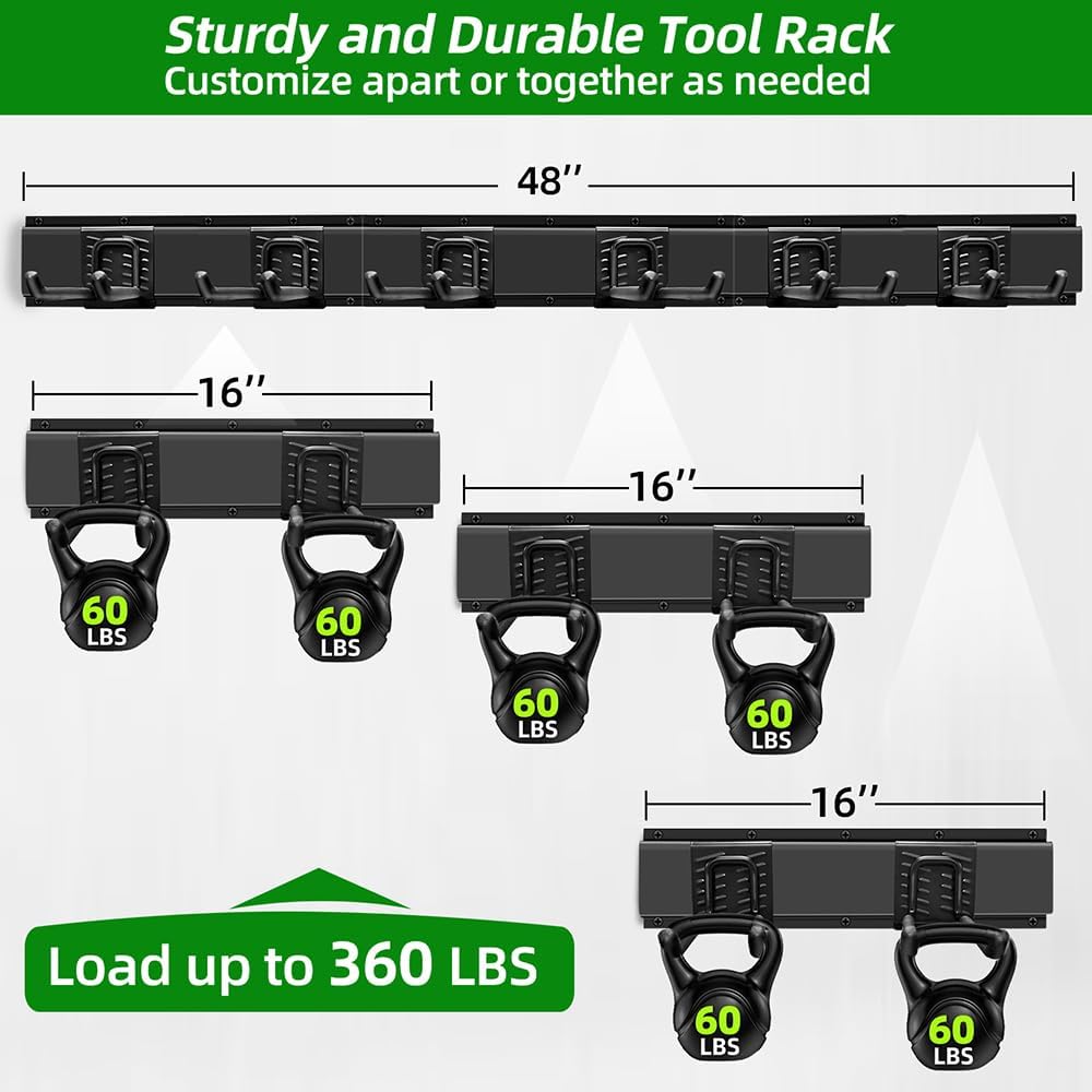 PIYILO Garage Wall Organizer - Heavy-Duty Tool Rack with 48-Inch Rails & 6 Hooks | Max Load 360 LBS