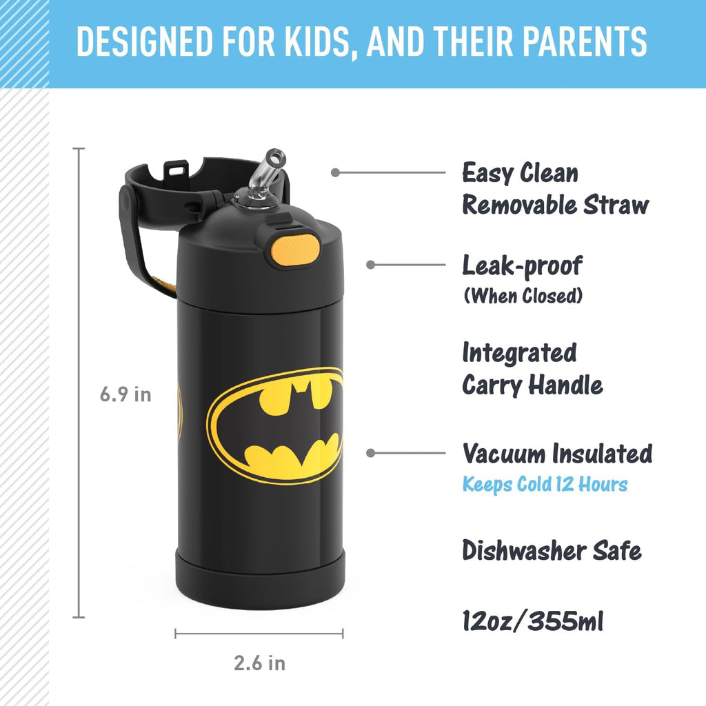 THERMOS FUNTAINER Water Bottle - 12 Ounce Kids Stainless Steel Vacuum Insulated with Straw | Batman Design