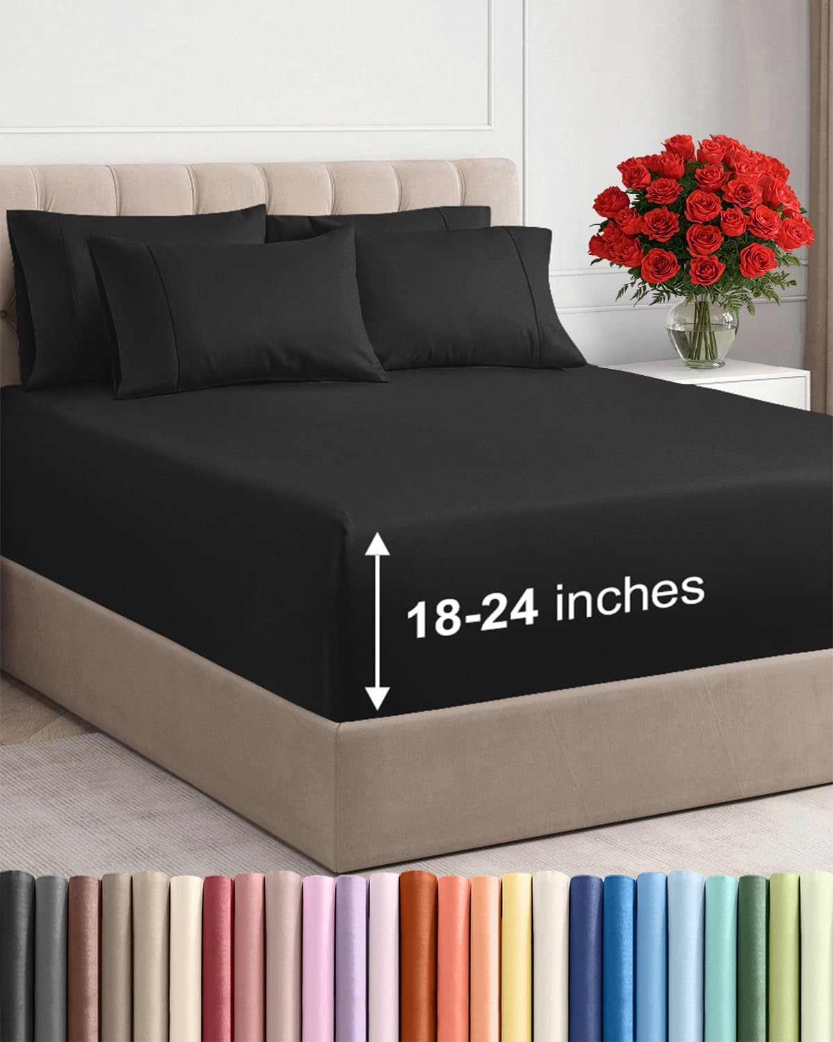 Skiennix Extra Deep Cal King Sheet Set | 6-Piece Breathable Cooling Bedding - Soft, Wrinkle-Free, Black