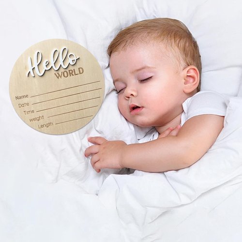 Baby Announcement Sign, 5.9 Inch Wooden Hello World Newborn Signs, Birth Announcement Sign, Baby Shower Hospital Nursery for Newborn Boys and Girls (White,Pen)