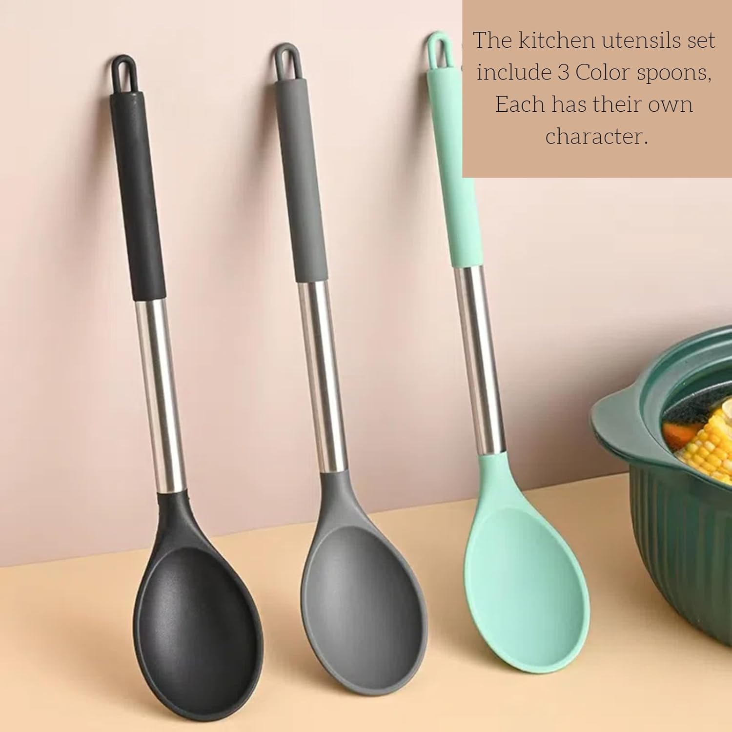Silicone Cooking Spoon Set by [Brand Name] - 3-Pack Heat Resistant 600°F Non-Stick Server Spoons | Large Stainless Steel Handles