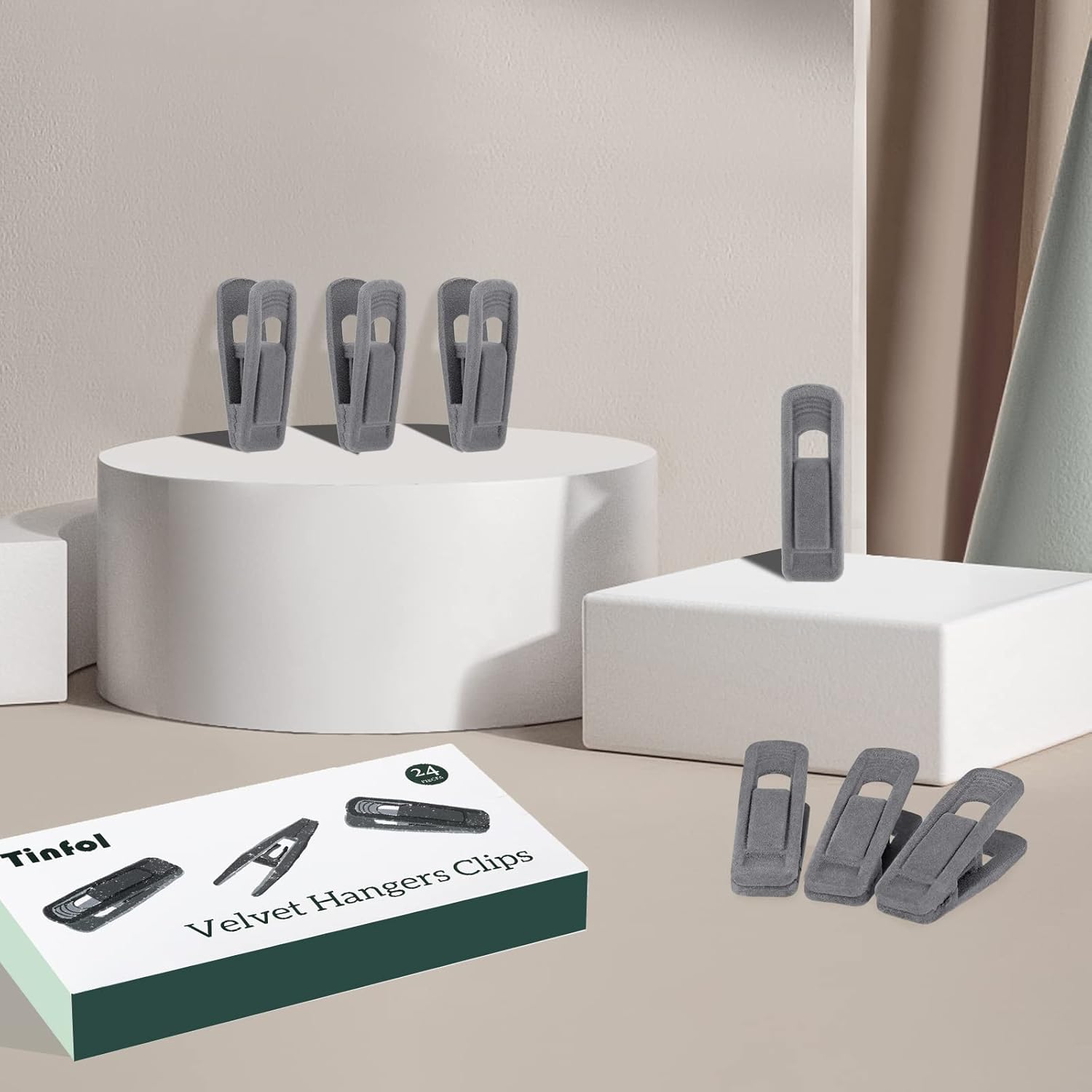 Tinfol Gray Velvet Hanger Clips - 24 Pack Non-Slip Flocked Clips for Pants & Skirts | Strong Finger Clips