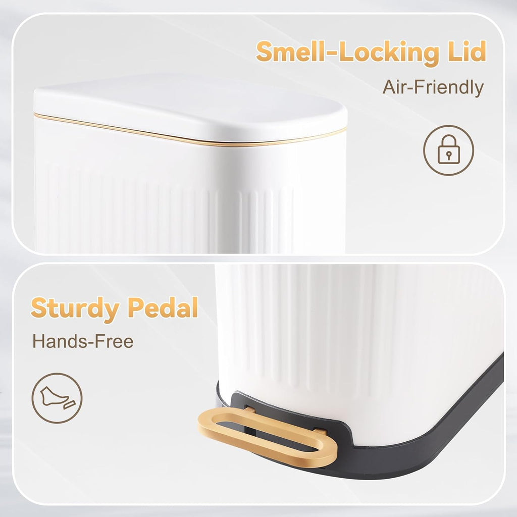 SYNCVIBE Slim Bathroom Trash Can - Soft Close Lid & Removable Inner Bucket | 3.5 Gallons, Matte White