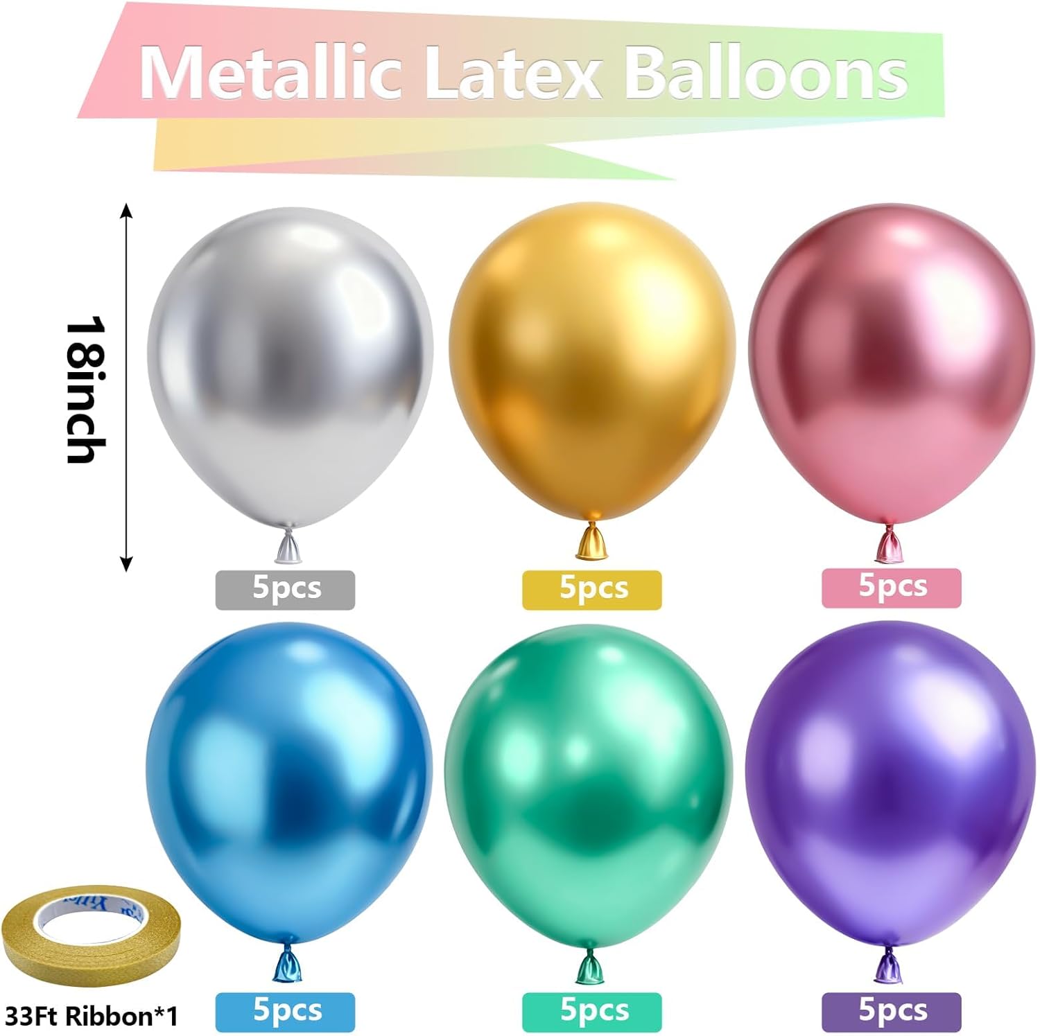 Bezente Metallic Chrome Balloons - 18 Inch Assorted Latex Party Balloons | 30 Pack for New Year, Birthday, Wedding Decor