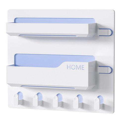 Bedside Shelf Wall Mount, Adhesive Bedside Shelf Accessories Organizer with Hooks and Cable Clips,Dorm Bedside Wall Storage for Phone, Remote, Earphone, Kindle,Plastic (5 Hooks Style)