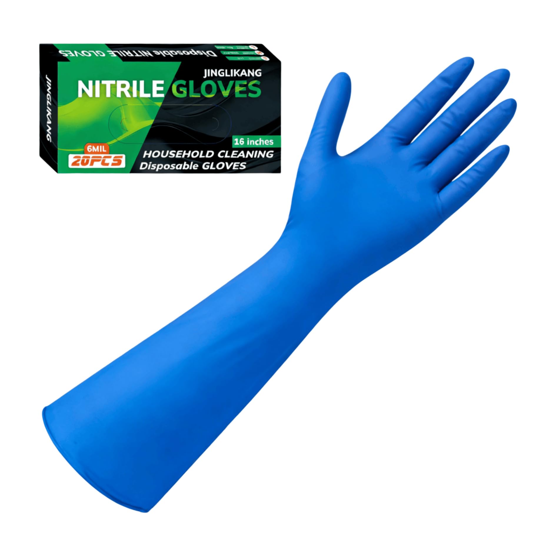 JINGLIKANG 16inch Nitrile Disposable Gloves Long Sleeves Blue 6mil Durable Waterproof 20PCS Clean Dishwashing White Medium Size (20, Blue, M)