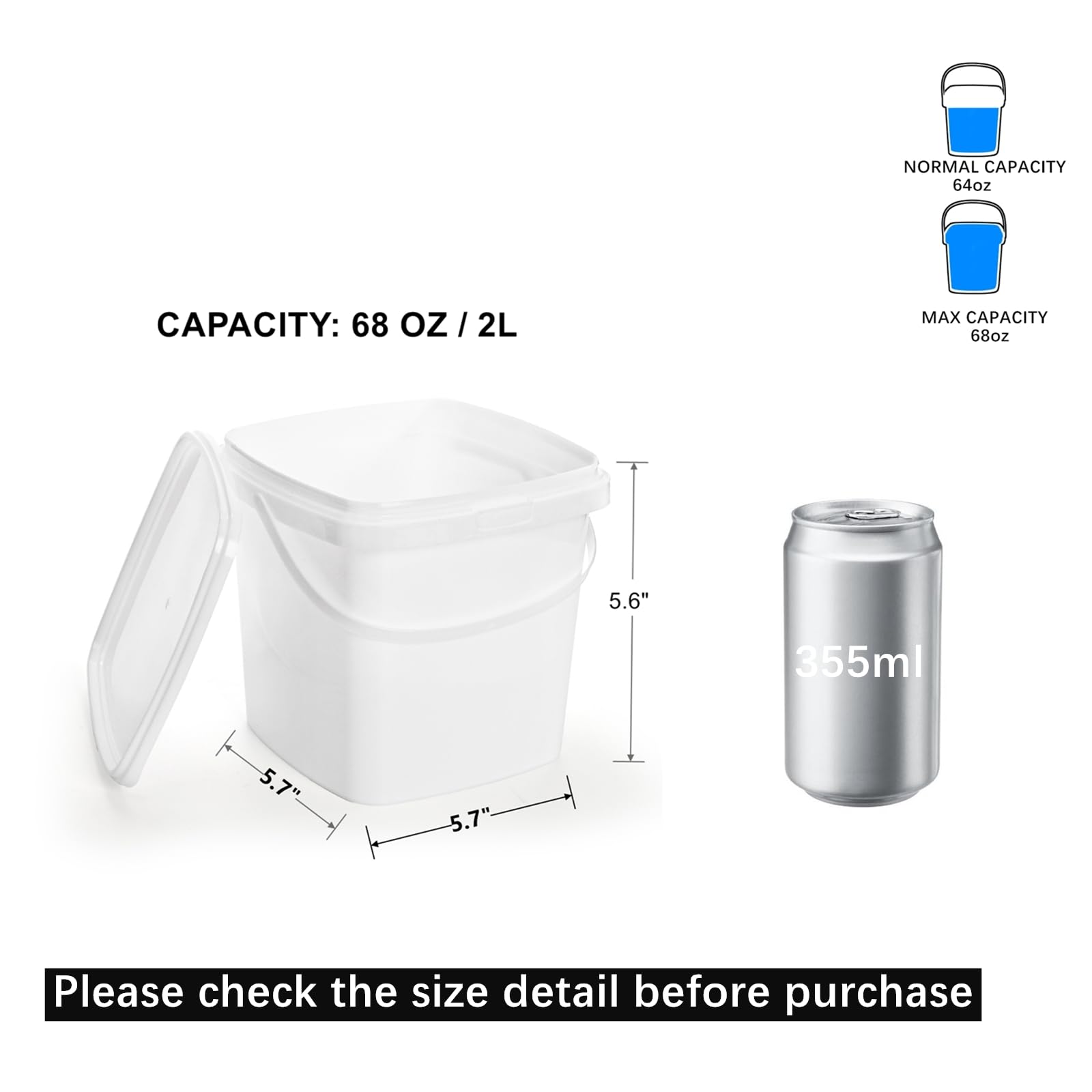 Yopay 20 Pack Plastic Bucket with Lid, 68 OZ Ice Cream Container with Handle, White Sealable Square Food Grade Deli Storage Pails for Pickles Paint Water, Art Crafts Projects