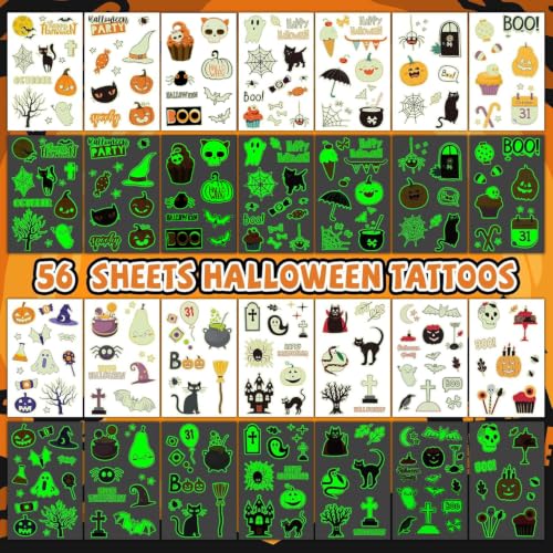 EMOME Glow in the Dark Halloween Temporary Tattoos for Kids, 56 Sheets