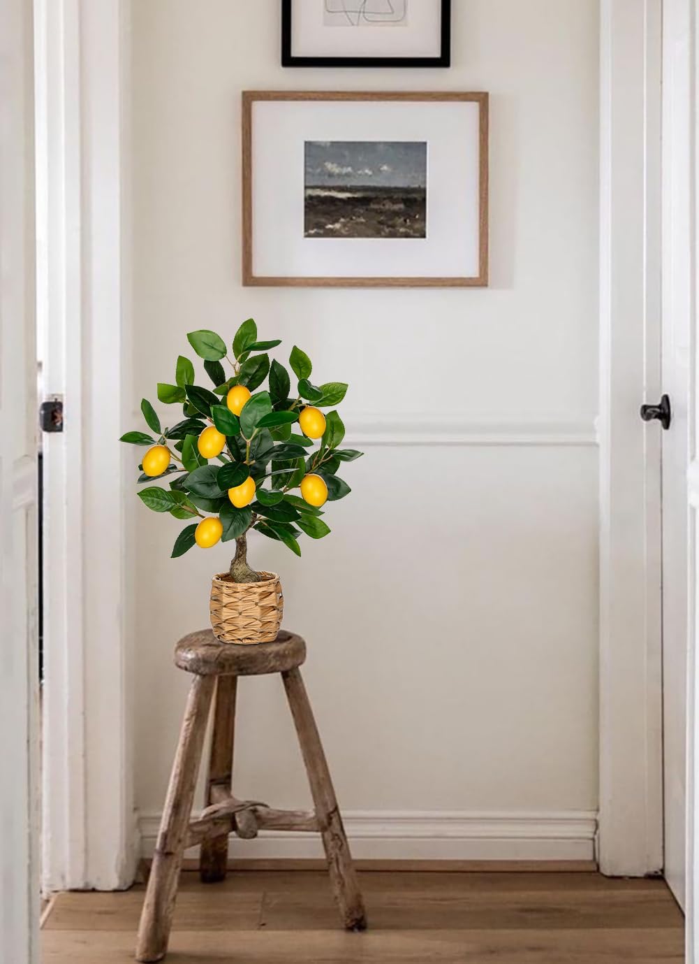 Skiennix Artificial Lemon Tree - 17.3-Inch Potted Faux Citrus Plant with Woven Pot | Indoor Home Decor