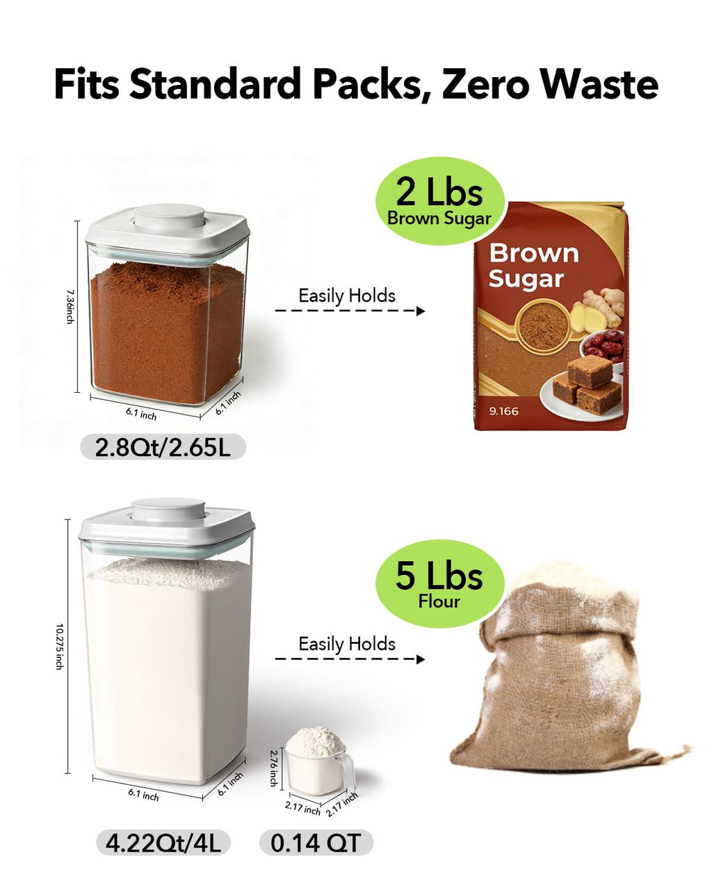 EQI Airtight Food Storage Containers Set with One-Touch Lid, 2-Pack (2.8 QT / 2.65 L) Stackable PET, Best for Cereal, Flour, Rice & Baking Organizers.