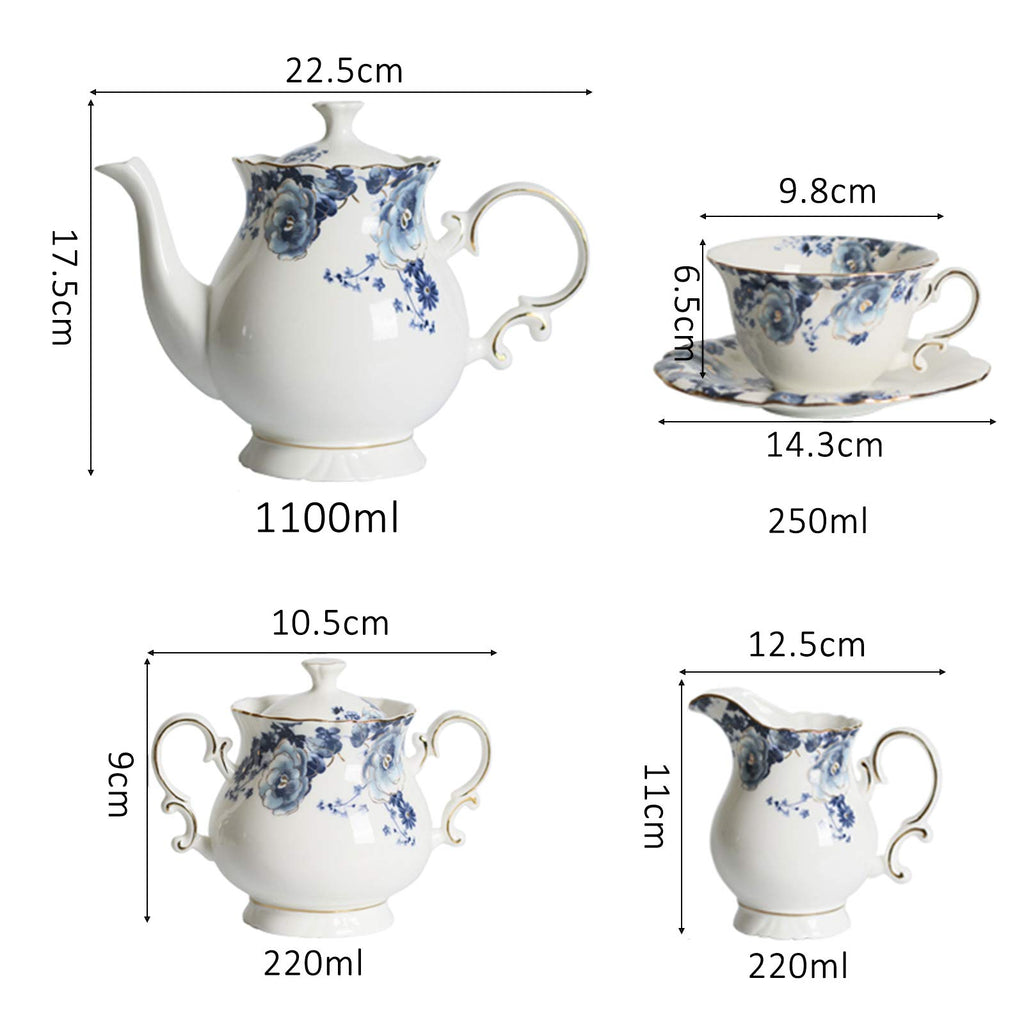 fanquare 21 Pieces Blue Rose British Afternoon Tea Set, Romantic Wedding Birthday Gift Tea Set, Porcelain Coffee Set for Adults