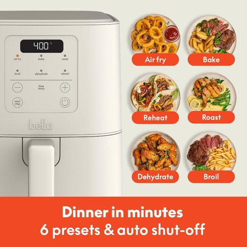 Bella 4Qt Slim Air Fryer - Fits-Anywhere™ Kitchenware with Adjustable Temp & 6 Cooking Presets | Oatmilk Color