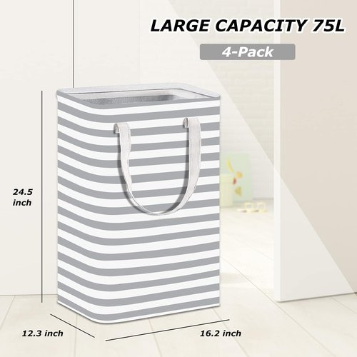 Twoyu 4 Pack Large 75L Laundry Basket ，Waterproof,Collapsible Laundry Hamper with Extended Handles ，Laundry Baskets Organization for Clothes in the Family Dorm (4 Vertical Tripes)