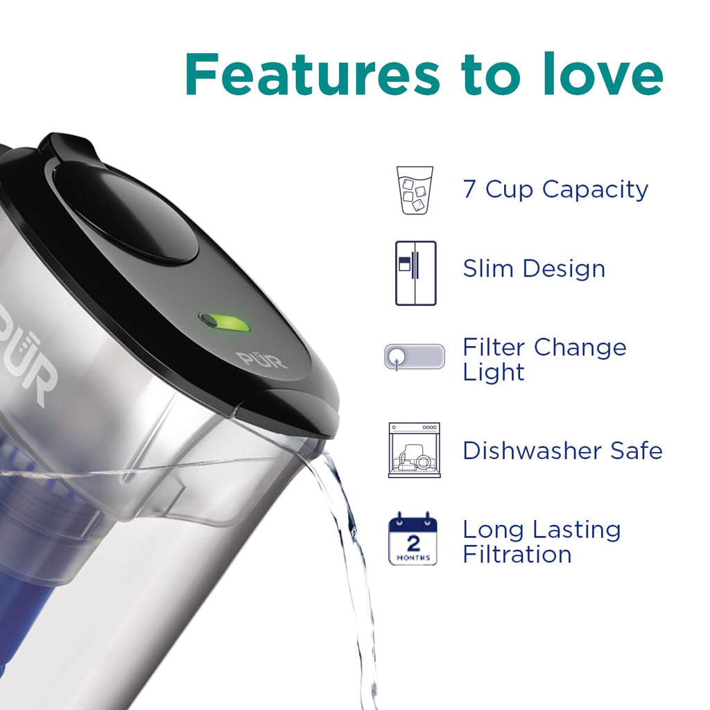 PUR 7-Cup Water Filter Pitcher with 1 Genuine PUR Filter, 3-in-1 Powerful Filtration, BPA Free, Dishwasher Safe, Smoke, PPT710BA