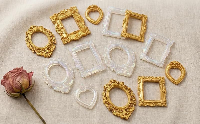 20 Mini Vintage Picture Frames Set - Antique Gold & Holographic Resin