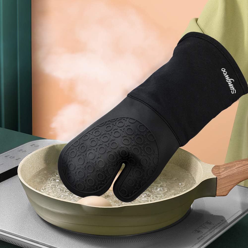 Sungwoo Extra Long Silicone Oven Mitts - Heat Resistant, Non-Slip Grip for BBQ & Baking | 14.6 Inch Black