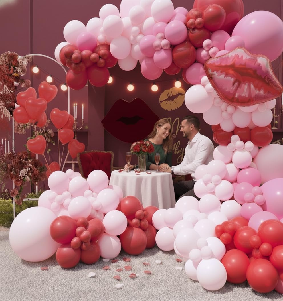 PTGOLUO 153pcs Valentines Day Balloons Garland Arch Kit, Pink Red Rose Red Heart Balloons Lips Balloon 30'' 24" 10" 5" for Galentine's Day Birthday Wedding Anniversary Engagement Party Decor