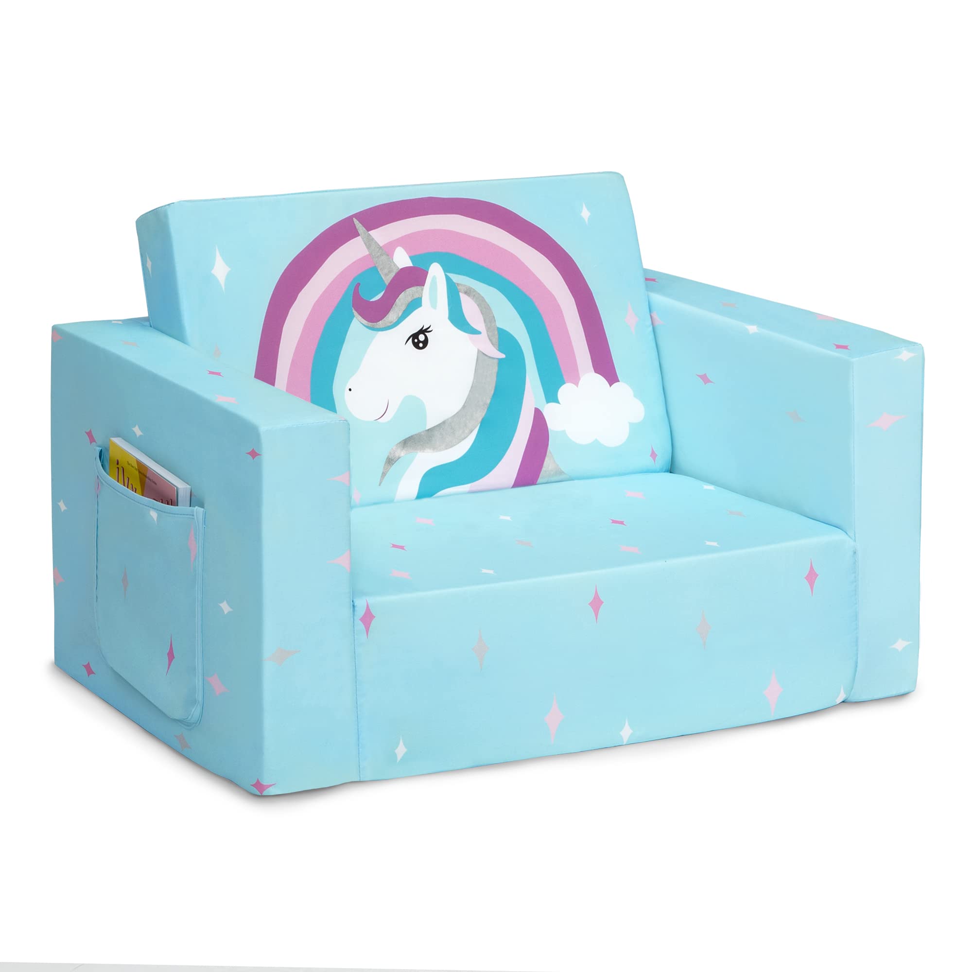 Delta Children Cozee Kids Couch 2-Seater Kids Sofa, Convertible 2-in-1 Flip Open Toddler Couch Sleeper, Foam Chair for Playroom & Bedroom, Bed Lounger, Comfy Play Sleeping Lounge Chair, Blue Unicorn