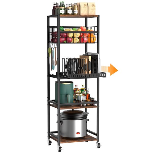 Housolution 5 Tier Kitchen Rolling Cart, Storage Cart with Metal Fruit Vegetable Basket and Pull-Out Pot Lid Cutting Board Organizer, Storage Rack with Wooden Top for Kitchen, Pantry, Bathroom