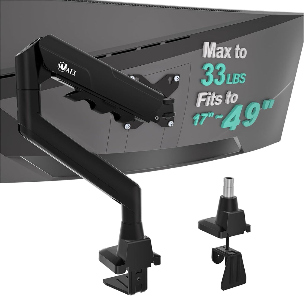 WALI Heavy Duty Single Monitor Arm - Adjustable Gas Spring Desk Mount for 17-49 Inch Screens | Black