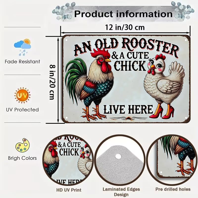 Funny Chicken Tin Sign - An Old Rooster & Chick - Light Blue 8x12 Inch
