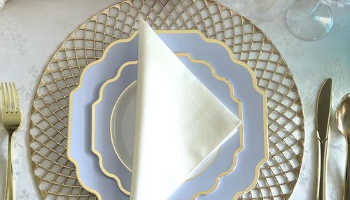 " OCCASIONS " 150 Piece set (25 Guests)-Wedding Plastic Plates & cutlery -Disposable heavyweight Dinnerware 10.5'', 8'' + Silverware w/double fork (Imperial in White/Blue & Gold)