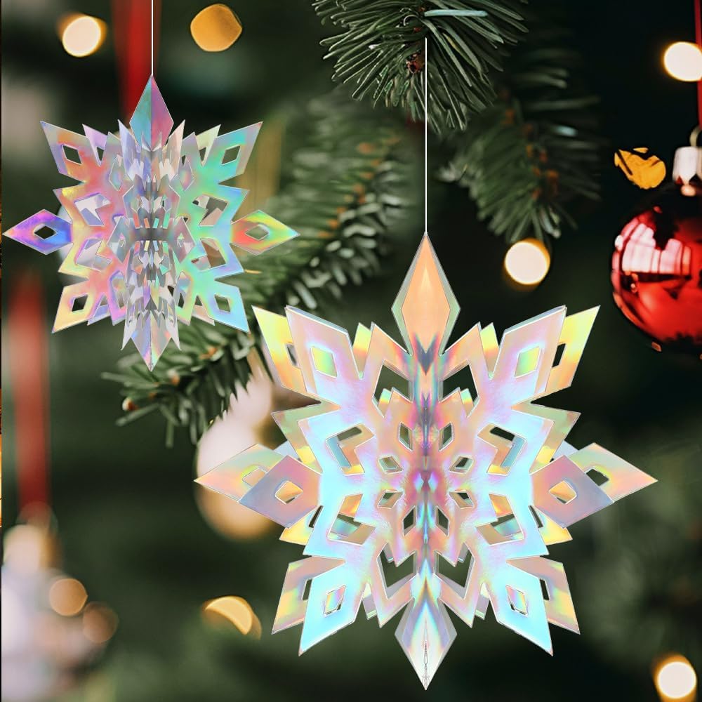 Skiennix Winter Snowflake Decorations - 12 Pcs 3D Iridescent Hanging Ornaments for Holiday Decor