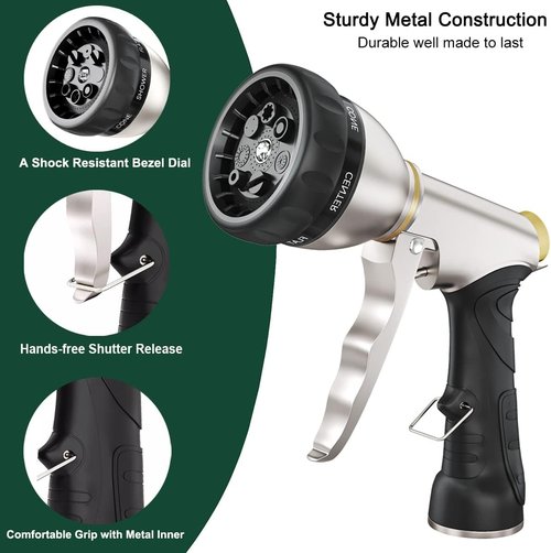 FANHAO Heavy Duty Metal Garden Hose Nozzle - 7 Spray Patterns & Ergonomic Handle for Efficient Watering
