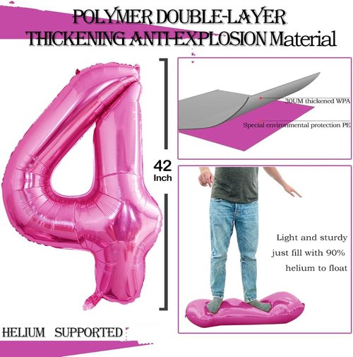 GOER Pink Foil Number 4 Balloons - Huge 42 Inch & 32 Inch for 4th Birthday Party Decorations (3 Pcs)