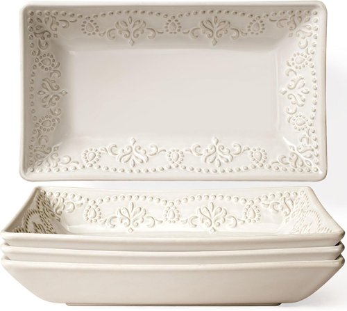 Artena Ceramic Rectangle Plates Set of 4 - Deep Lipped Edges for Appetizers & Desserts | Microwave & Oven Safe (Damask Floral)