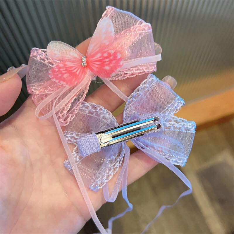 Pink Butterfly Hair Bow Barrette with Long Tassel Ribbons for Girls