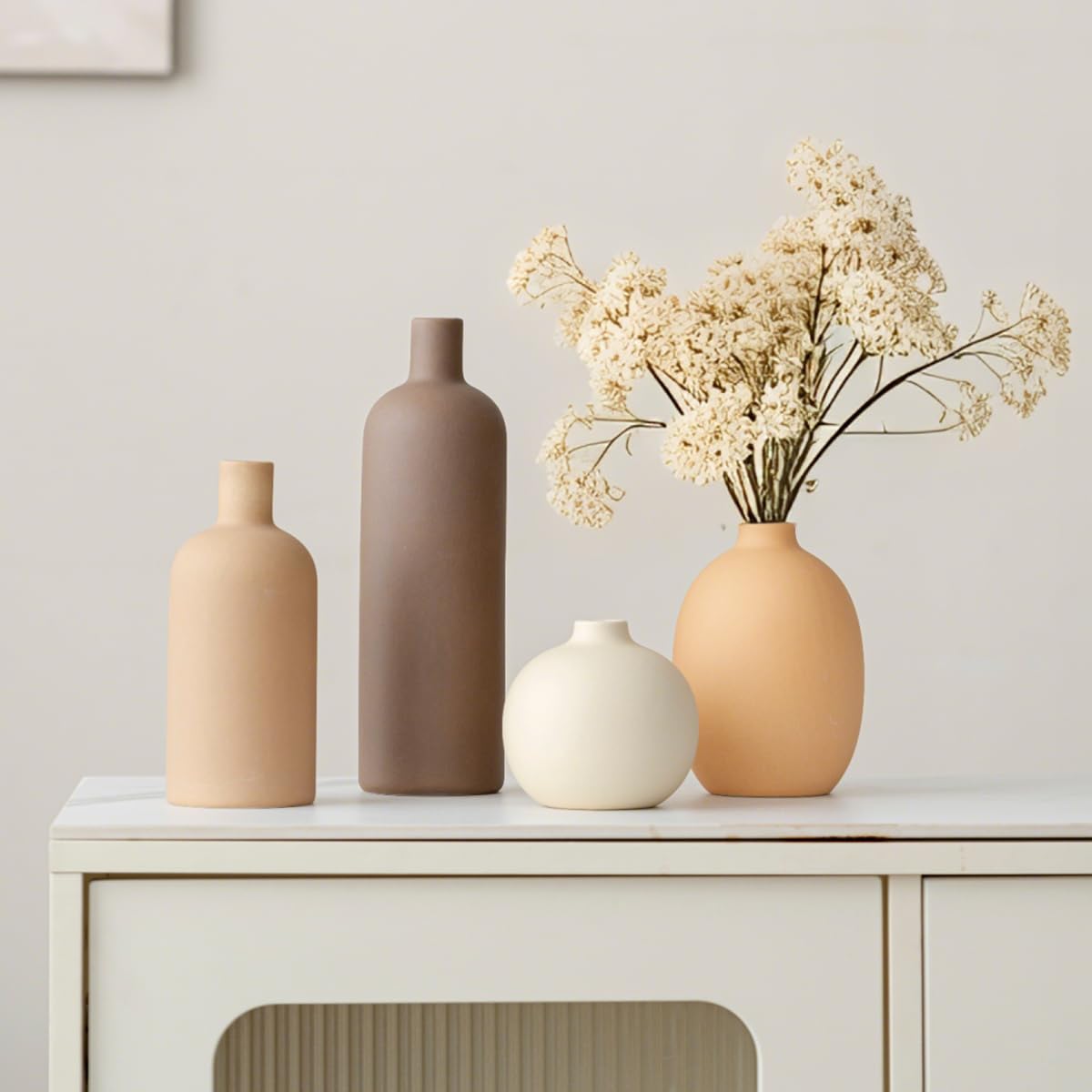 Modern Ceramic Vase Set, Neutral Colors, Decorative Vases for Home Shelf Decor, 4 Piece Collection, Happy Birthday Gifts for Women Mom Her Friend Sister Wife Grandma, Self Care Gift (Coffee Mix set 4)