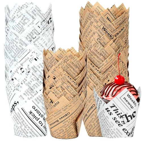 200pcs Newspaper Tulip Cupcake Liners for Baking - Elegant Muffin Wrappers