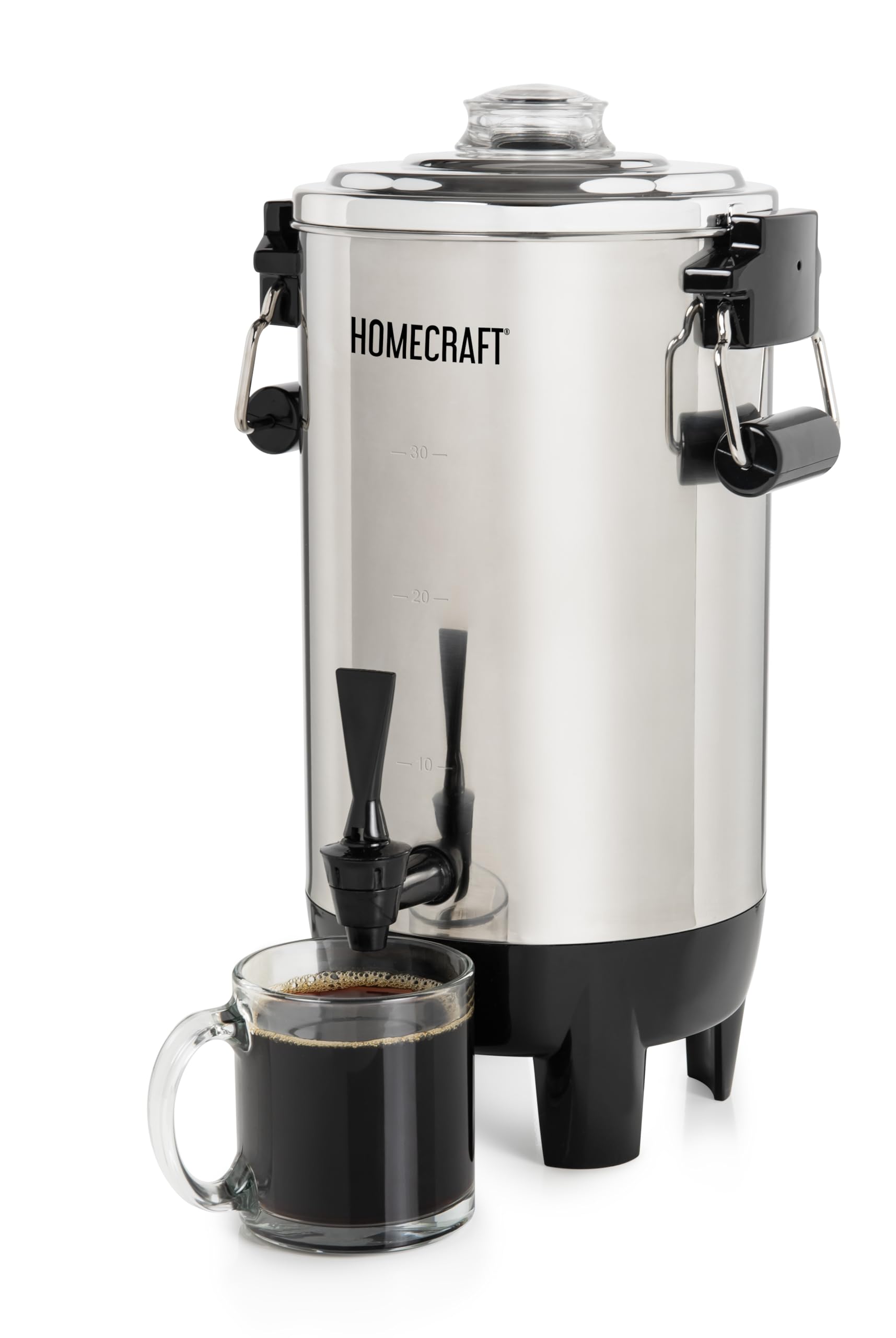 30 Cup Coffee Urn - Quick-Brewing Stainless Steel Double-Faucet - Perfect For Espresso, Hot Water, Tea, Hot Chocolate - Stainless Steel