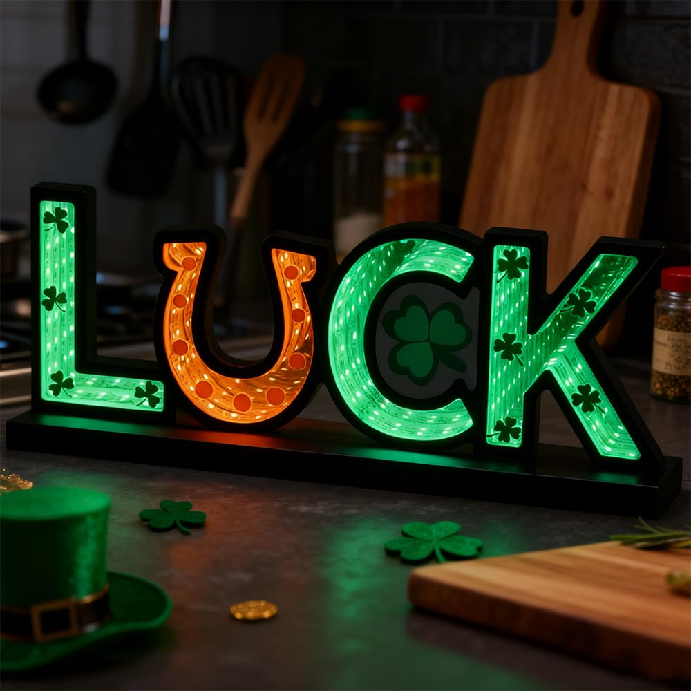 MEETYAMOR St Patricks Day Decorations, Luck Sign Infinity Mirror Tunnel Light with Shamrock for St Patricks Day Decor, Night Lights with Endless Extension for Home Living Room Table Centerpiece