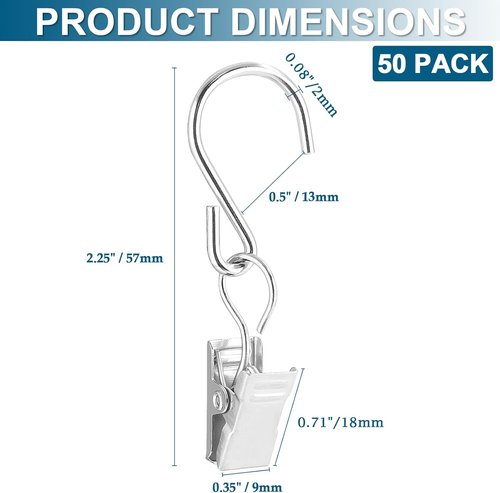 Litoexpe S Hooks | 50 PCS Metal Curtain Clips for Hanging Lights & Tents - Silver Finish