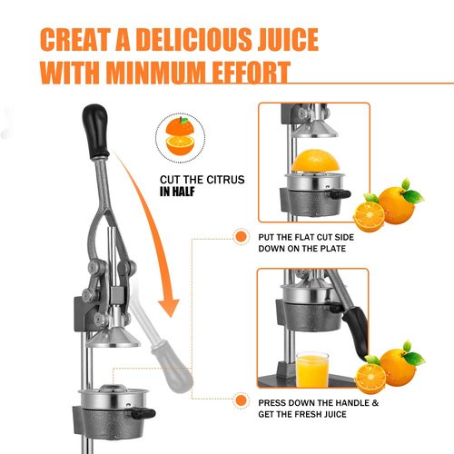 Gowintech Commercial Heavy Duty Cast Iron Hand Press Manual Orange Citrus Lemon Lime Grapefruit Pomegranate Fruit Juice Squeezer Machine with Stainless Steel Cup Grey