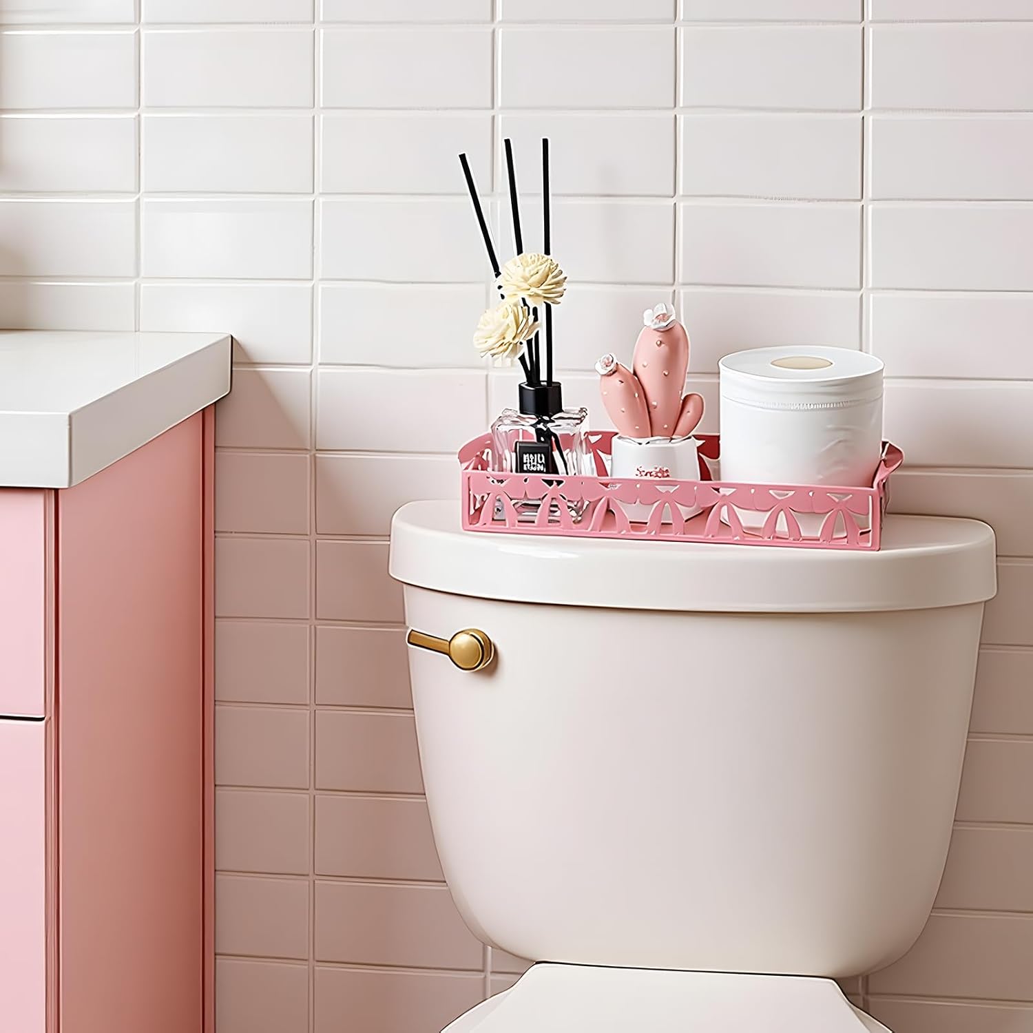 Skiennix Pink Bow Toilet Paper Basket - Cute Metal Holder with Handle | Stylish Bathroom Storage Organizer