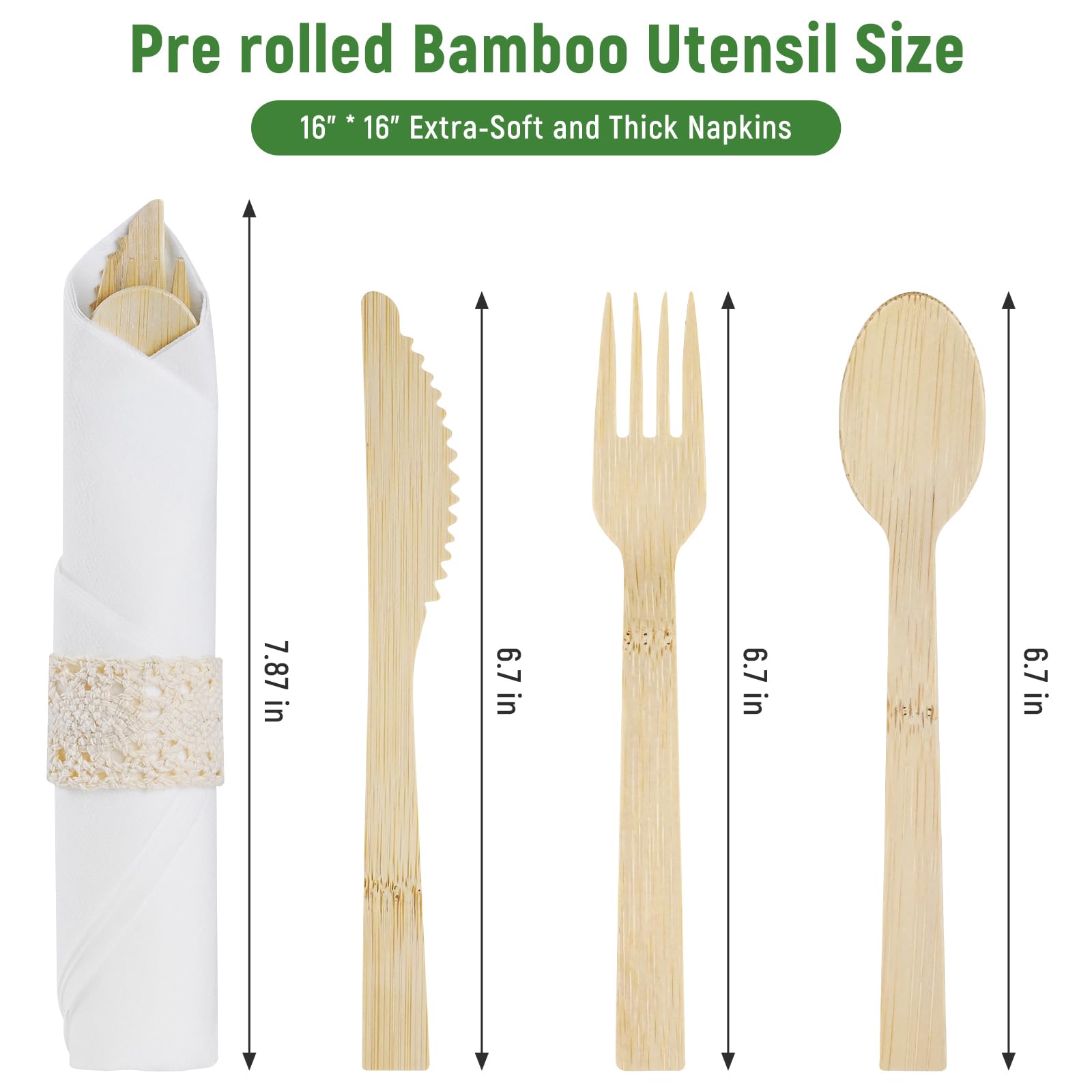 100Pack Pre Rolled Bamboo Utensils - Pre Rolled Bamboo Cutlery Set(100 Forks, 100 Knives, 100 Spoons, 100 Napkins), Wrapped Wooden Cutlery, Biodegradable Wrapped Cutlery for Party, Wedding, Events
