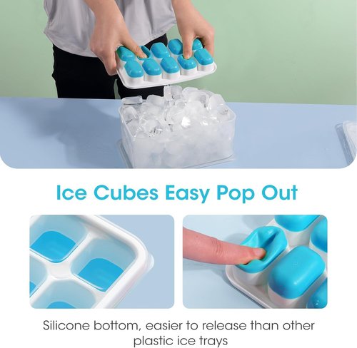 DOQAUS Ice Cube Tray - 4 Pack Silicone Trays with Lid & Bin for Easy Freezer Storage | Perfect for Cocktails & Coffee