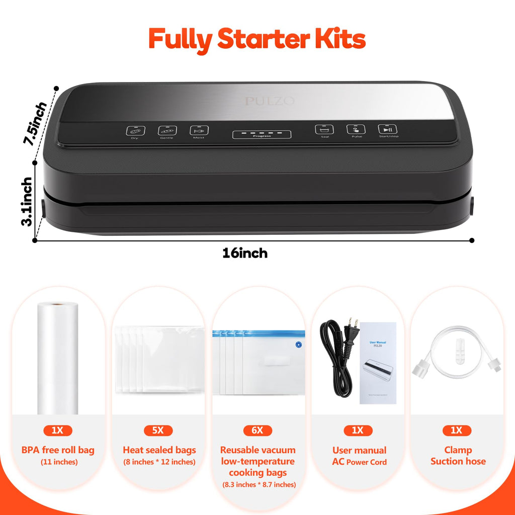 Vacuum Sealer Machine, 95Kpa vacuum sealer for food with Bags Storage and Built-in Cutter,food vacuum sealer machine,Dry/Moist/Gentle Mode, Removable Drip tray, Complete Starter Kits, Stainless Steel