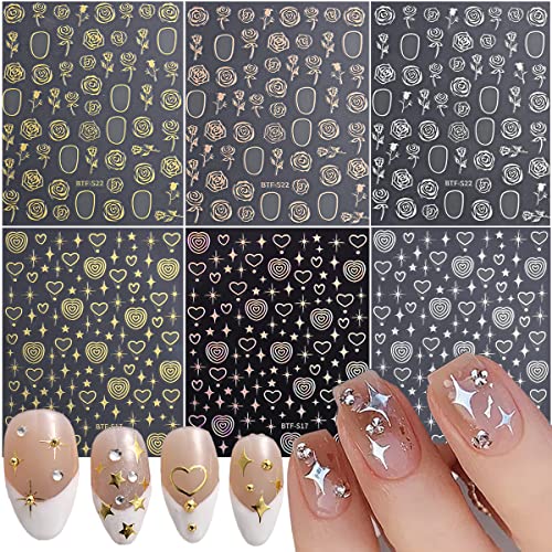 YKZFUI 6 Sheets Gold Nail Art Stickers 3D Self-Adhesive Metallic Rose Flower Star Heart Decals for Manicure