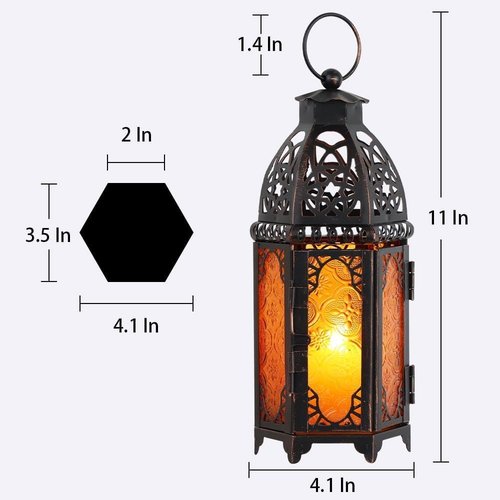 **DECORKEY Moroccan Lanterns Set of 2 - Vintage Metal Candle Holders for Indoor & Outdoor Decor (11’’ Amber)**