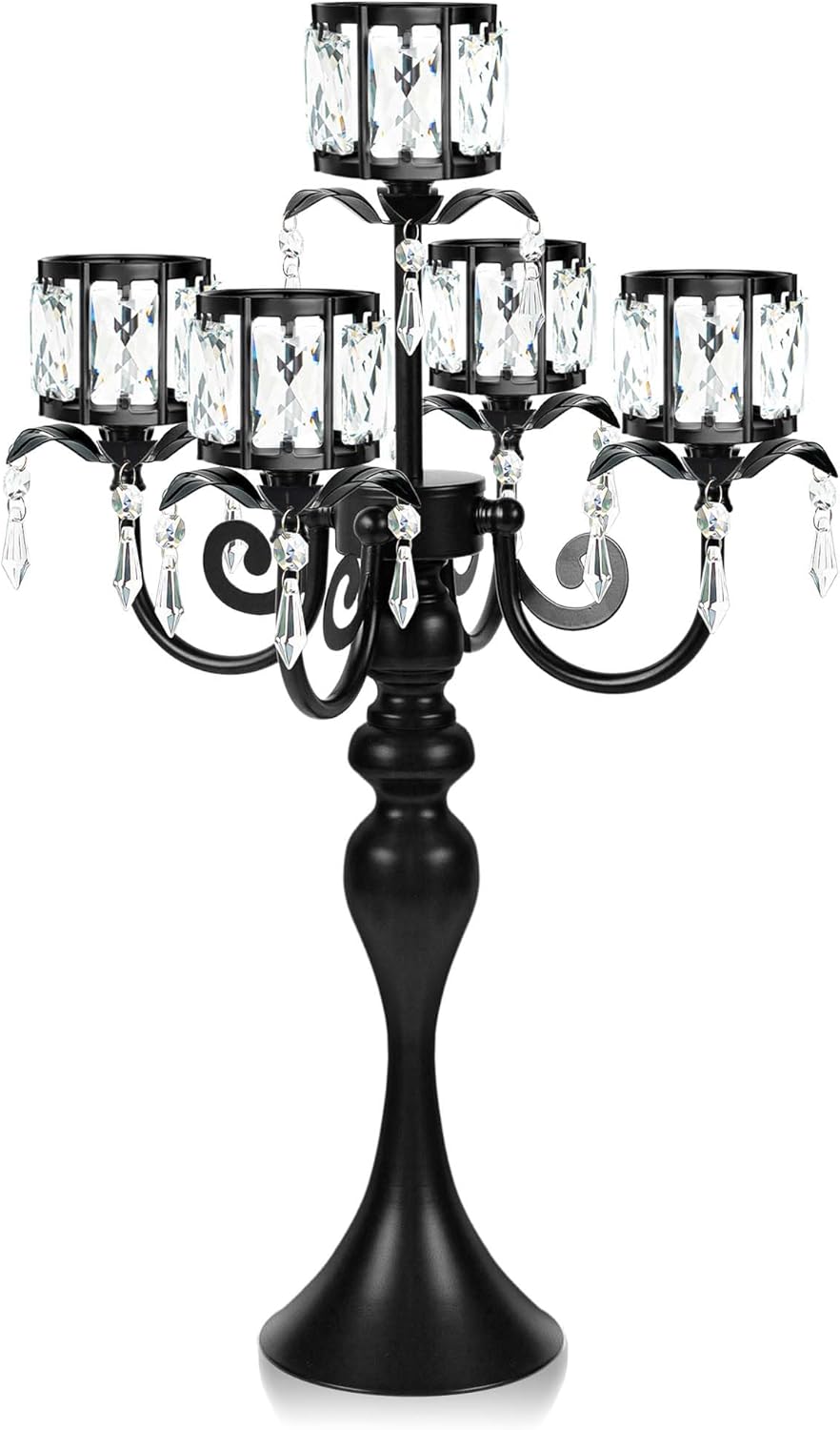 Skiennix 5-Arm Crystal Pendant Candle Holder - Elegant 22-Inch Tall Wedding Centerpiece | Black Finish