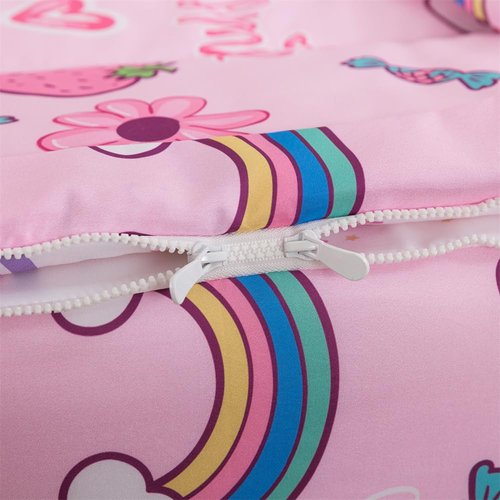 lishjekee 4 Pieces Rainbow Strawberry Comforter Twin Zipper Bedding Girls Rainbow Bedding Set Zip Up Bed in A Bag for Kids Kawaii Pink Flower Bed Sets with Fitted Sheet Pillowcases