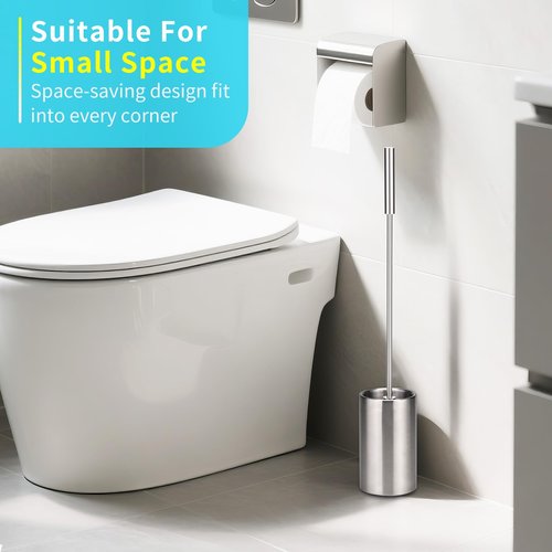 TUUGOTOUU Toilet Bowl Brush and Holder Solid Long Handle Toilet Brush for Bathroom with Heavy Duty 304 Stainless Steel Base and 2 Brush Heads for Domestic Deep Cleaning Under Rims (Silver 1)