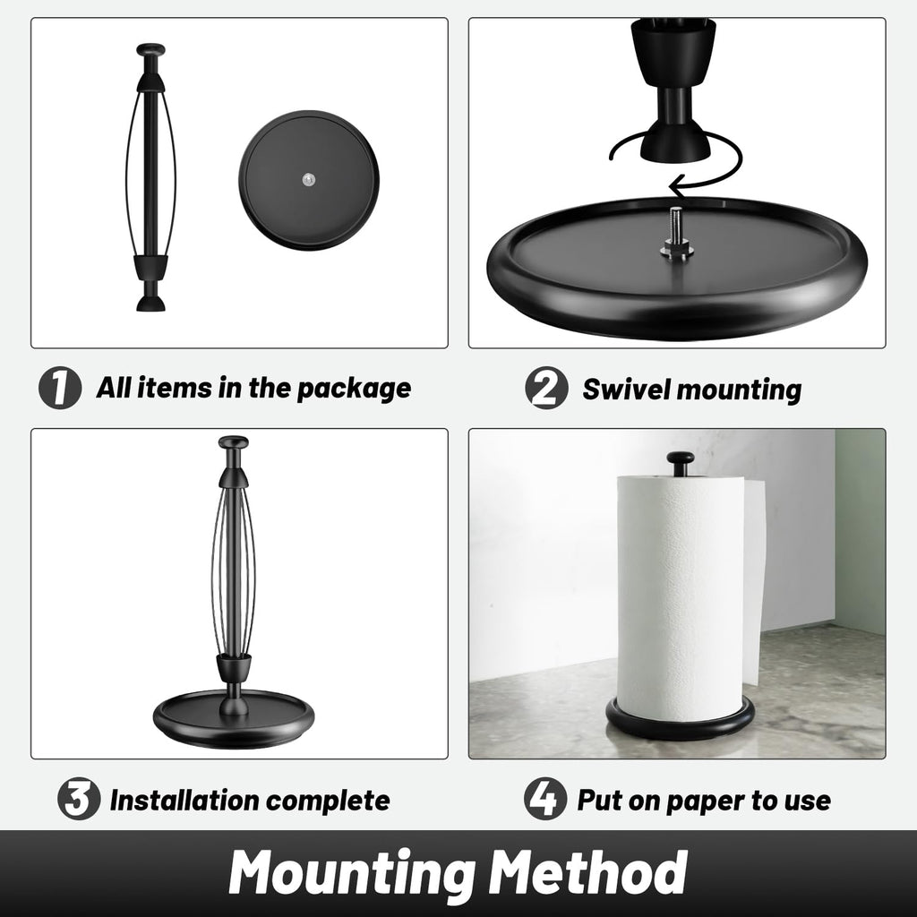 VEHHE Paper Towel Holder Countertop with Weighted Base, One-Handed Tear Paper Towel Holder with Damping Function and EVA Non-Slip Pad for Bathroom and Kitchen (Black)