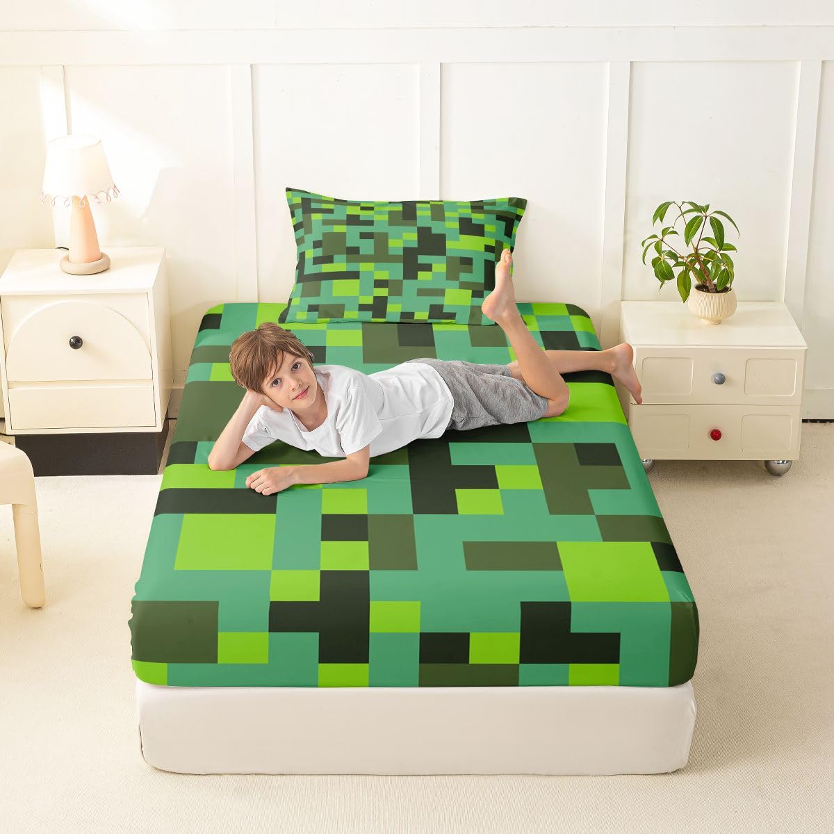 Pixel Grid Miners Kids Twin Size Fitted Sheet,Geometric Grid Patchwork Pixelated Boys Girls Bed Sheets,Cartoon Gamepad Video Games Room Decor,Cyan Green Bedding Set,1 Pillowcase(No Flat)