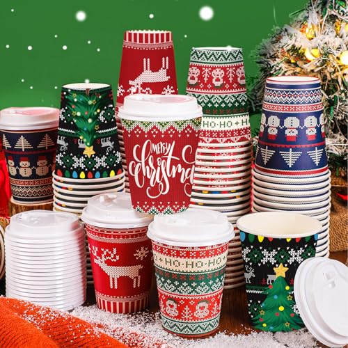 Gerrii 100 Pack Christmas Paper Cups with Lids 12 oz Ugly Sweater Style